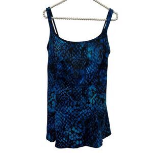 Robby Len Swimsuit Womens 16 Blue Black Abstract Print Double Strap beach coasta
